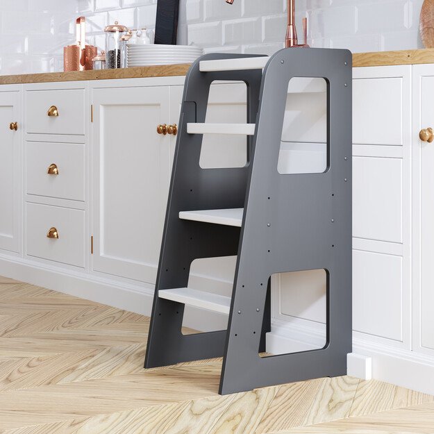 Montessori virtuvės bokštelis reguliuojamo aukščio (juoda+balta) 