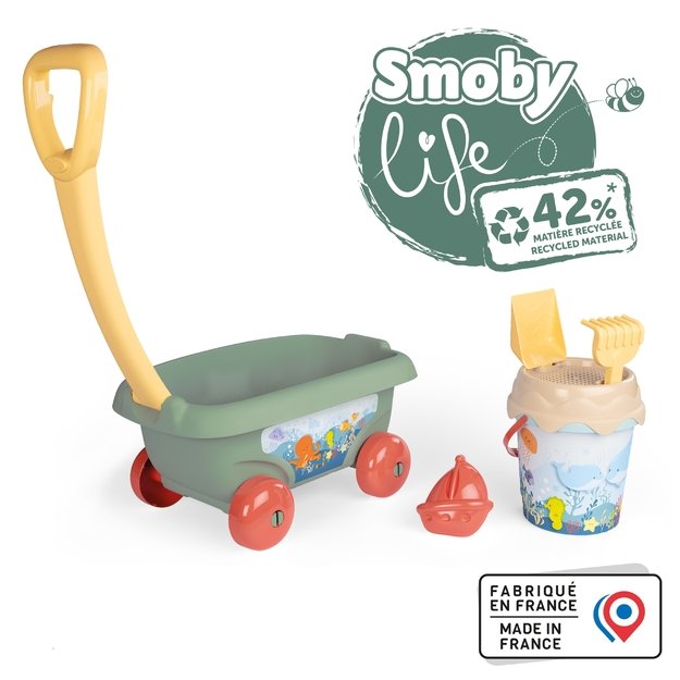 SMOBY ekologiškas smėlio žaislų rinkinys su vežimėliu, kibirėliu ir grėbliukais