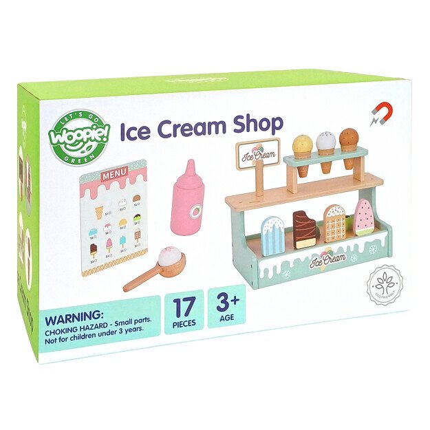 WOOPIE GREEN medinė ledainė – parduotuvėlės rinkinys su ledais, prekystalis (16 el.) 17