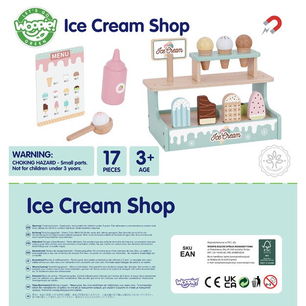 WOOPIE GREEN medinė ledainė – parduotuvėlės rinkinys su ledais, prekystalis (16 el.) 18