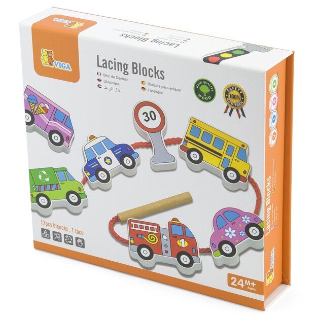 VIGA medinis vėrimo žaidimas „Automobiliai“ Montessori 12