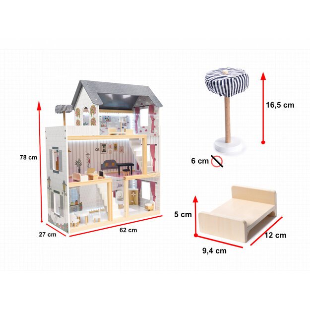 Medinis MDF lėlių namelis su baldais 78cm juodas LED