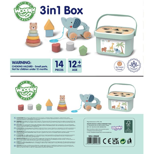 WOOPIE GREEN 3in1 rūšiavimo dėžutė „Sorter Box“ – kaladėlės, piramidė, drambliukas 11
