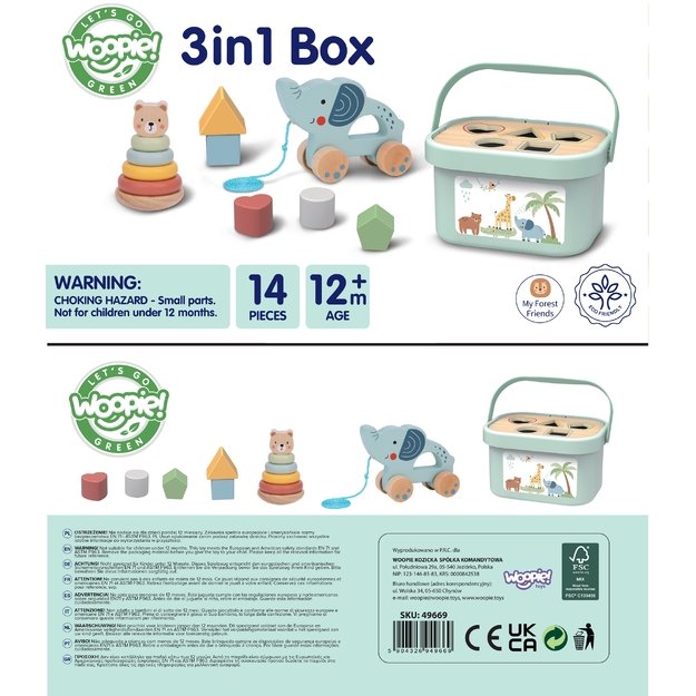 WOOPIE GREEN 3in1 rūšiavimo dėžutė „Sorter Box“ – kaladėlės, piramidė, drambliukas 12