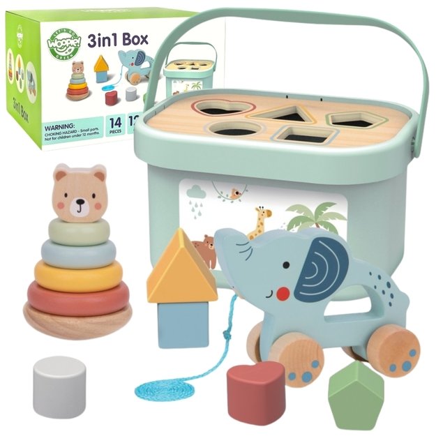 WOOPIE GREEN 3in1 rūšiavimo dėžutė „Sorter Box“ – kaladėlės, piramidė, drambliukas