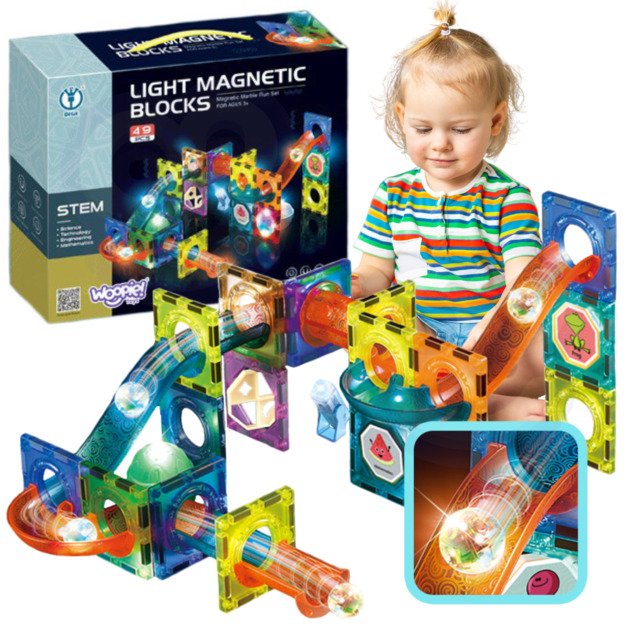 WOOPIE 49 dalių magnetinis rutuliukų trasa su šviesos efektais