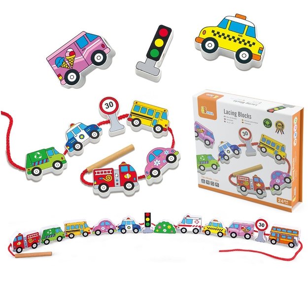 VIGA medinis vėrimo žaidimas „Automobiliai“ Montessori