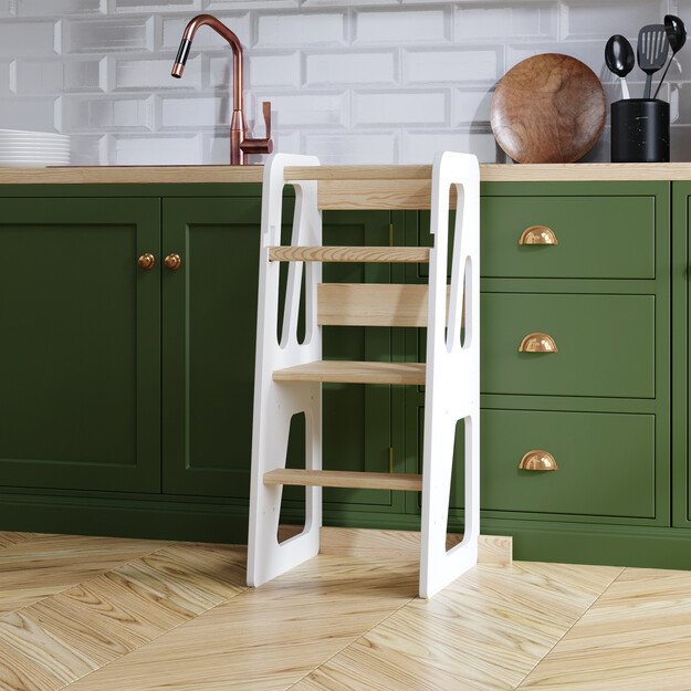 Montessori virtuvės bokštelis reguliuojamo aukščio (balta+medis) SURINKTAS 2