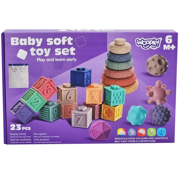 WOOPIE BABY sensoriniai kaladėlių rinkinys – spaudžiama dėlionė su garsais ir skaičių mokymu, 23 vnt.