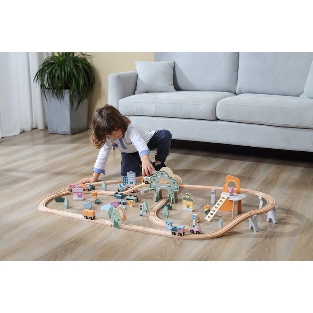 VIGA PolarB medinis vaikiškas geležinkelis – traukinukas su bėgiais, **90 dalių**. 4