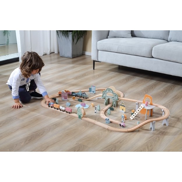 VIGA PolarB medinis vaikiškas geležinkelis – traukinukas su bėgiais, **90 dalių**. 2