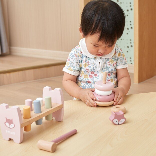 PolarB rinkinys medinė piramidė + lentyna su plaktuku rožinis 3