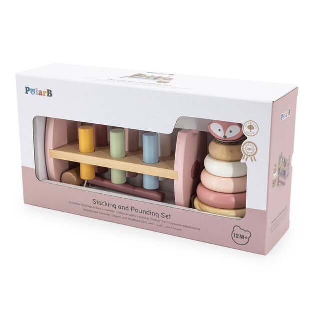 PolarB rinkinys medinė piramidė + lentyna su plaktuku rožinis 5