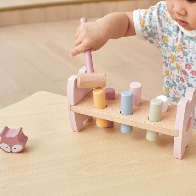 PolarB rinkinys medinė piramidė + lentyna su plaktuku rožinis 2