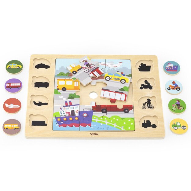 VIGA medinė dėlionė „Atspėk pagal šešėlį“ – transporto priemonės, 17 el. 2