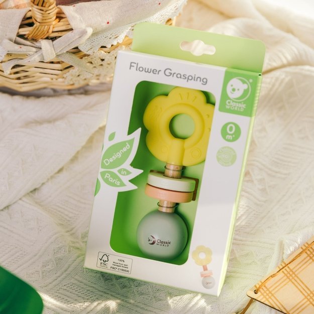 CLASSIC WORLD medinis pastelinis barškutis–kramtukas „Gėlytė“ 2 viename 4