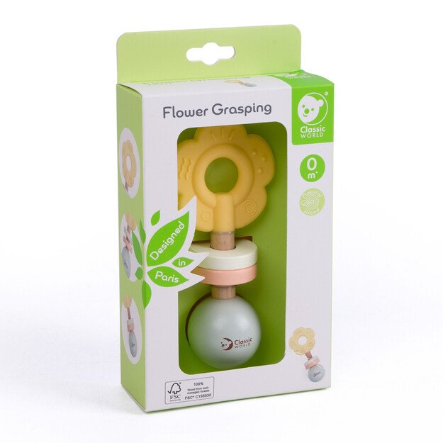 CLASSIC WORLD medinis pastelinis barškutis–kramtukas „Gėlytė“ 2 viename 8