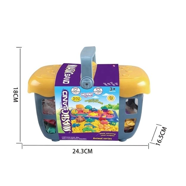 WOOPIE kinetinis smėlis 0,8 kg rinkinyje su formelėmis, krepšeliu ir pripučiamu baseinu 8