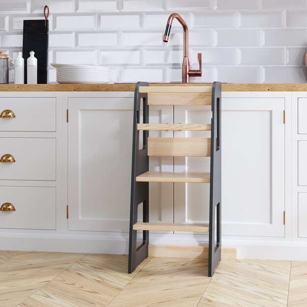 Montessori virtuvės bokštelis reguliuojamo aukščio (juoda+medis) 1