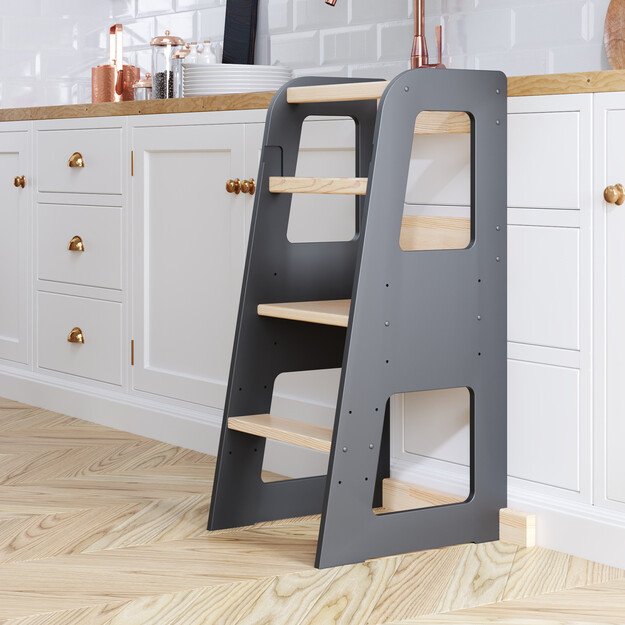 Montessori virtuvės bokštelis reguliuojamo aukščio (juoda+medis)