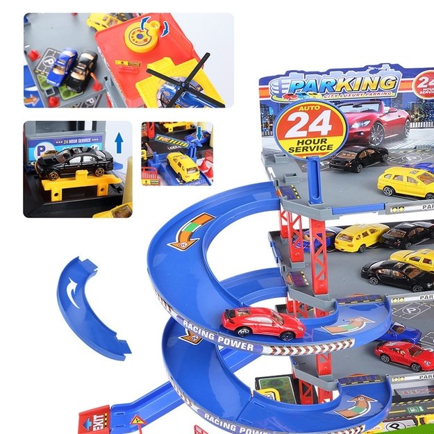 WOOPIE Daugiaaukštė automobilių stovėjimo aikštelė–garažas su plovykla, automobiliukais ir sraigtasparniu + priedai 9