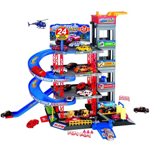 WOOPIE Daugiaaukštė automobilių stovėjimo aikštelė–garažas su plovykla, automobiliukais ir sraigtasparniu + priedai 10