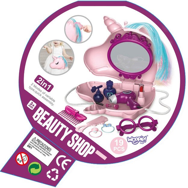 WOOPIE 2 in 1 mergaičių tualetinis staliukas „Grožio salonas“ vienaragio formos rankinėje 5