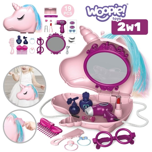 WOOPIE 2 in 1 mergaičių tualetinis staliukas „Grožio salonas“ vienaragio formos rankinėje 6