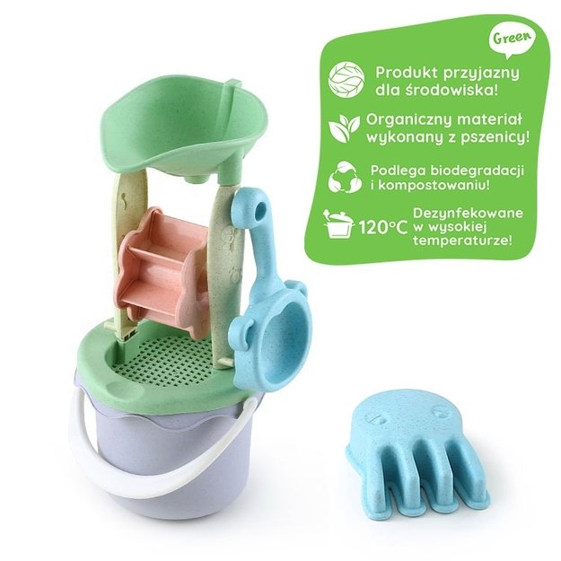 WOOPIE GREEN smėlio rinkinys su vandens malūnėliu kibirėlyje, 9 dalių – biologiškai skaidus, ekologiškas plastikas