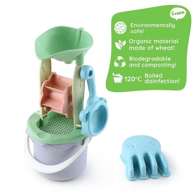 WOOPIE GREEN smėlio rinkinys su vandens malūnėliu kibirėlyje, 9 dalių – biologiškai skaidus, ekologiškas plastikas