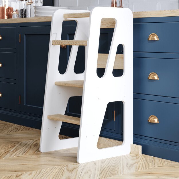 Montessori virtuvės bokštelis reguliuojamo aukščio (balta+medis) 3