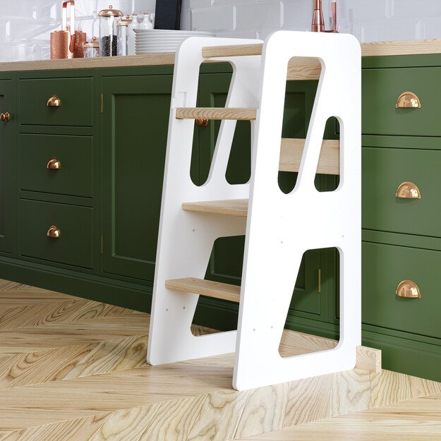 Montessori virtuvės bokštelis reguliuojamo aukščio (balta+medis)