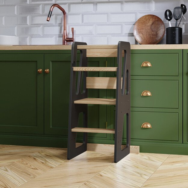 Montessori virtuvės bokštelis reguliuojamo aukščio (juoda+medis) 1