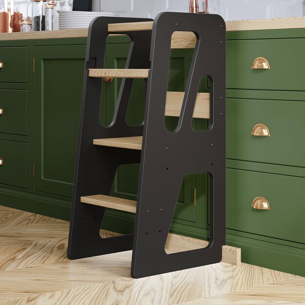 Montessori virtuvės bokštelis reguliuojamo aukščio (juoda+medis)