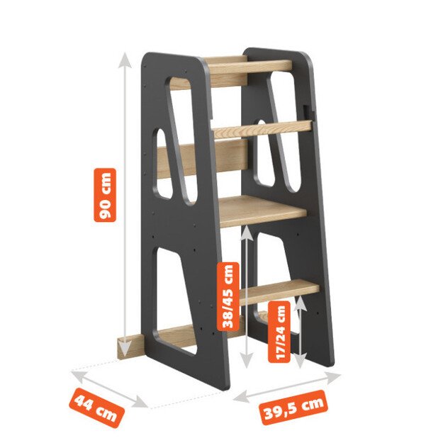 Montessori virtuvės bokštelis reguliuojamo aukščio (juoda+medis) 2
