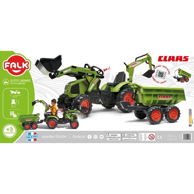 FALK pedalinis traktorius CLAAS su priekaba, kaušu ir buldozerio peiliu – nuo 3 m.