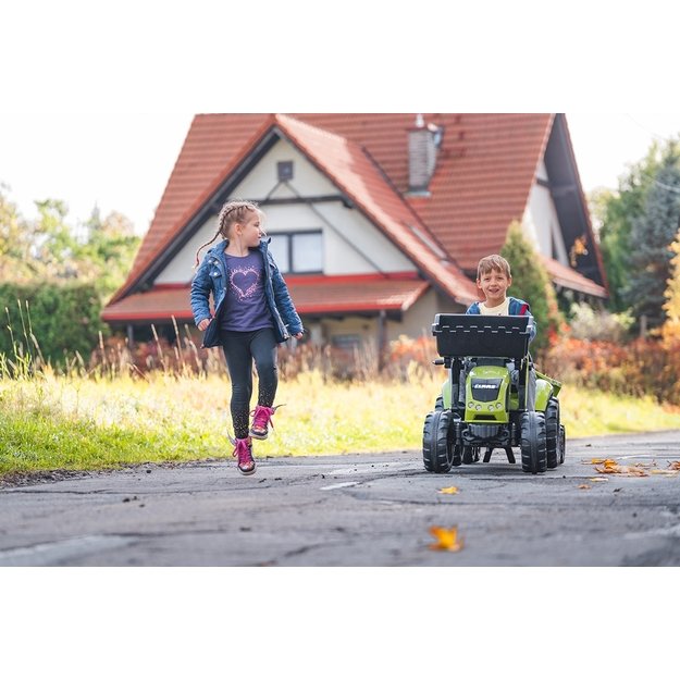 FALK pedalinis traktorius CLAAS su priekaba, kaušu ir buldozerio peiliu – nuo 3 m.