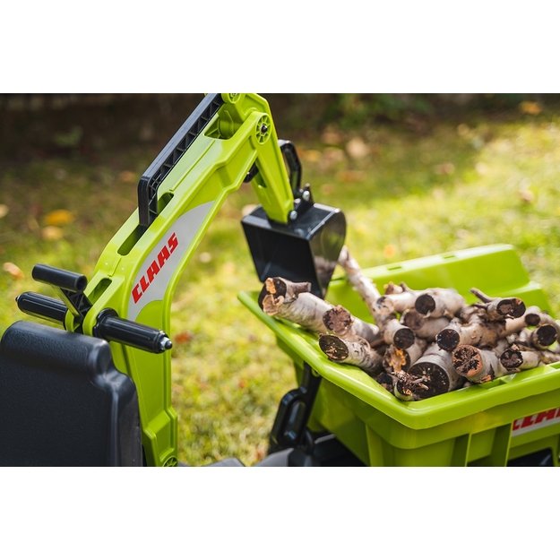 FALK pedalinis traktorius CLAAS su priekaba, kaušu ir buldozerio peiliu – nuo 3 m.
