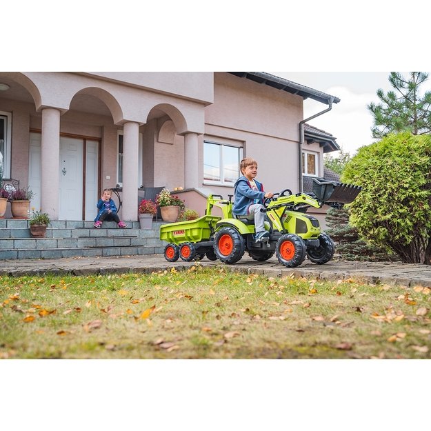 FALK pedalinis traktorius CLAAS su priekaba, kaušu ir buldozerio peiliu – nuo 3 m.