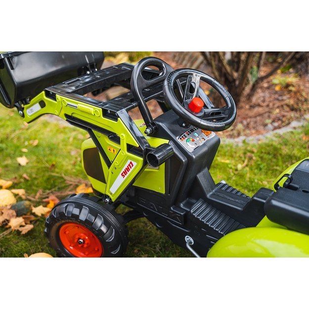 FALK pedalinis traktorius CLAAS su priekaba, kaušu ir buldozerio peiliu – nuo 3 m.
