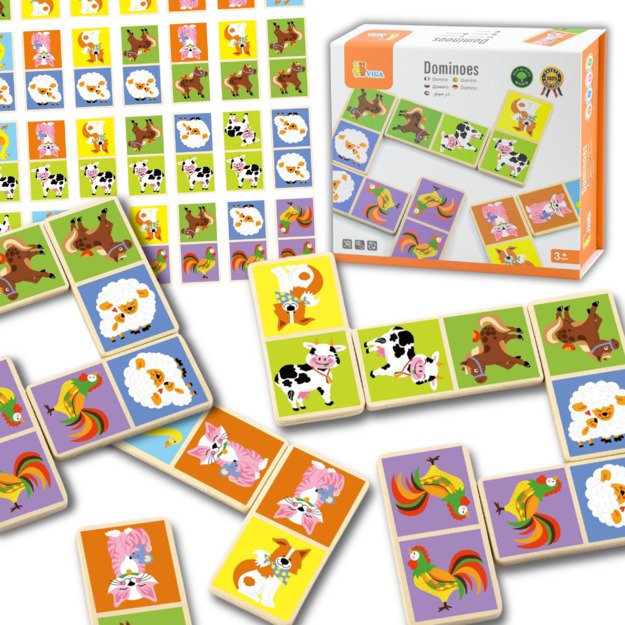 VIGA mediniai edukaciniai domino kaladėlės „Ferma“, 28 el., Montessori