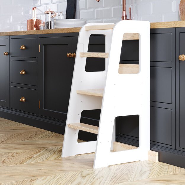 Montessori virtuvės bokštelis reguliuojamo aukščio (balta+medis) kvadratai