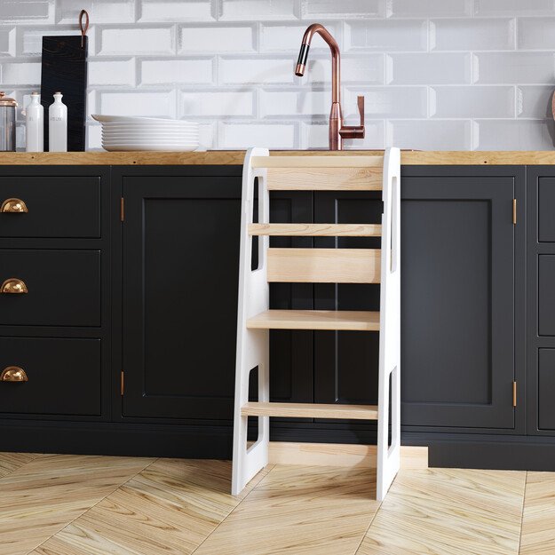 Montessori virtuvės bokštelis reguliuojamo aukščio (balta+medis) kvadratai 1