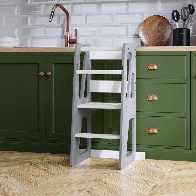 Montessori virtuvės bokštelis reguliuojamo aukščio (pilka+balta) 1