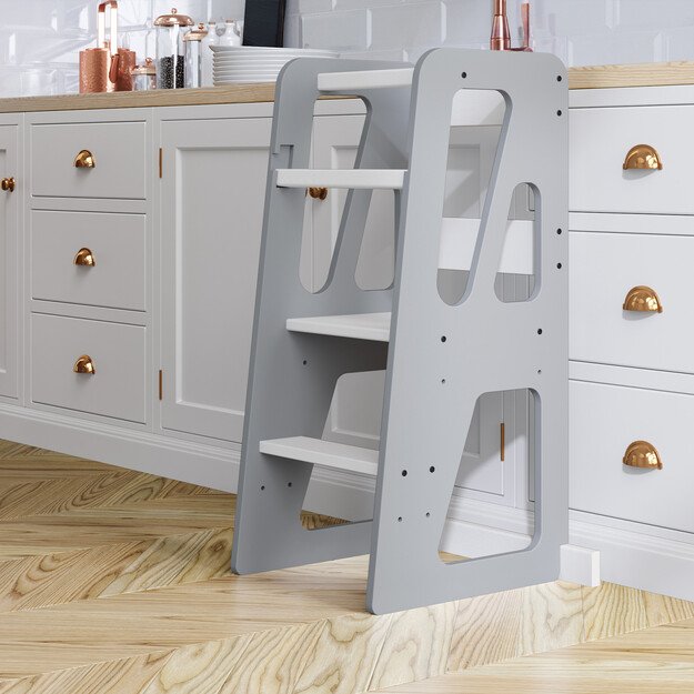 Montessori virtuvės bokštelis reguliuojamo aukščio (pilka+balta) 2