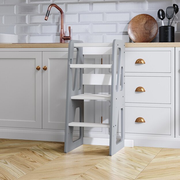 Montessori virtuvės bokštelis reguliuojamo aukščio (pilka+balta) 3