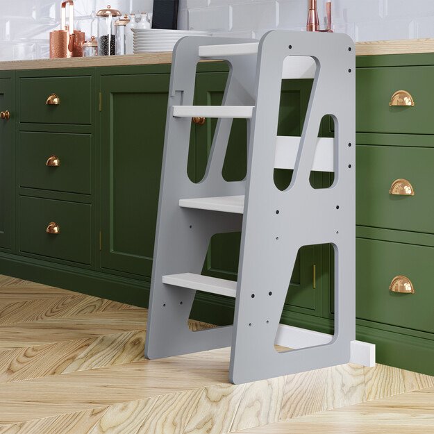 Montessori virtuvės bokštelis reguliuojamo aukščio (pilka+balta)