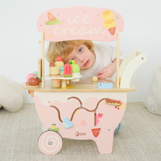 CLASSIC WORLD Medinė Ledainė 3in1 – Vežimėlis su 40 detalių 3