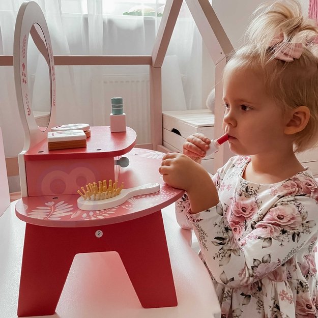 TOOKY TOY Rožinis medinis tualetinis staliukas su veidrodžiu makiažui 3