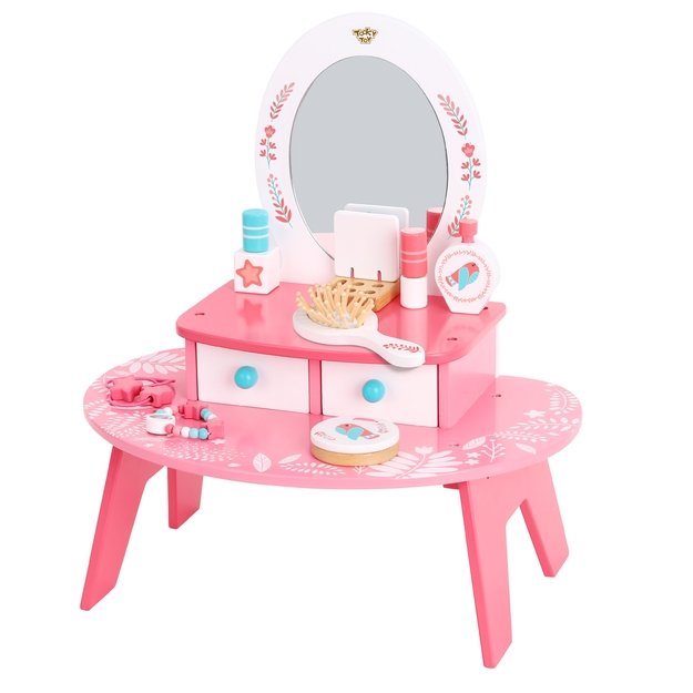TOOKY TOY Rožinis medinis tualetinis staliukas su veidrodžiu makiažui